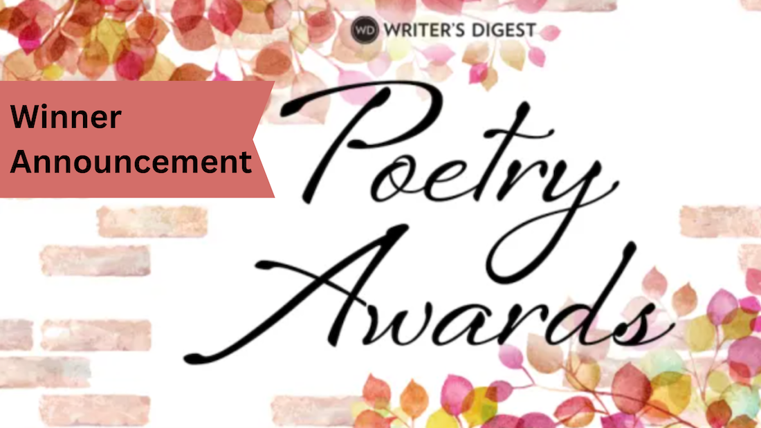 A graphic announcing the Writer's Digest Poetry Awards. The text "Poetry Awards" is prominently displayed in a stylized, cursive font in the center of the image. The words are written in black against a white background with a faint brick-like pattern. On the left side, there's a coral-colored banner that reads "Winner Announcement" in white letters. The top and bottom edges of the image feature a border of watercolor-style leaves in shades of pink, red, yellow, and green. The Writer's Digest logo (WD) is in the top right corner.