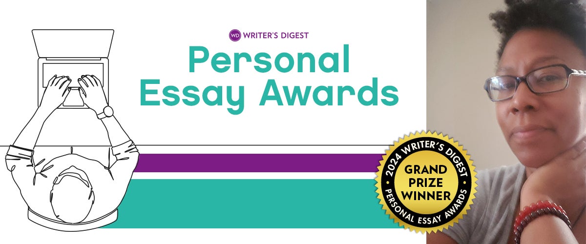 The Writer's Digest Personal Essay Awards banner with the 2024 Grand Prize Winner badge and an image of the winner, F.A. Battle.