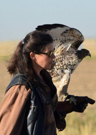 Author photo of Elizabeth Kaufman standing outside, she's standing looking toward our right so she is in profile, she's wearing sunglasses and has a large bird on her arm.