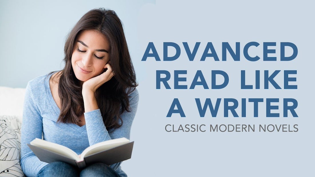 A graphic promoting a series titled "ADVANCED READ LIKE A WRITER: CLASSIC MODERN NOVELS." On the left, a woman with long, dark hair is shown in a soft-focus image, looking down at an open book she is holding. She is wearing a light blue long-sleeved shirt and blue jeans, and her head is resting on her hand, suggesting she is engrossed in reading. The background behind her is blurred, indicating she is likely sitting on a patterned cushion or soft surface. On the right, the text "ADVANCED READ LIKE A WRITER" is prominently displayed in a large, dark blue, sans-serif font. Below it, in a smaller, lighter blue font, it reads "CLASSIC MODERN NOVELS." The overall tone is calm and inviting, suggesting a focus on in-depth literary analysis.