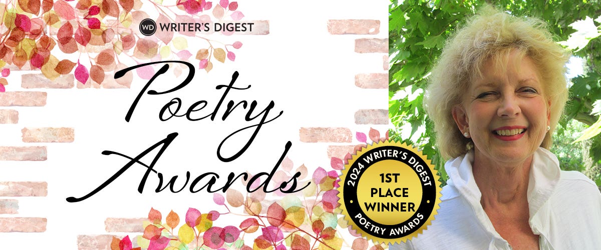 The image is a graphic promoting the Writer's Digest Poetry Awards. On the left side, the words "Poetry Awards" are displayed in a decorative font, set against a background that resembles a brick wall overlaid with colorful, stylized leaves. There's also the Writer's Digest logo. On the right side of the graphic, there is a photo of a smiling woman with short blonde hair, likely Elizabeth Grant. She is wearing a white top and is positioned outdoors with green foliage visible in the background. A circular badge with "2024 Writer's Digest 1st Place Winner Poetry Awards" is superimposed on the photo.