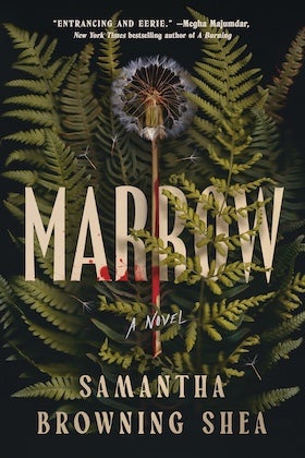 The book cover for "Marrow" by Samantha Browning Shea features a dark, moody image dominated by various shades of green ferns that fill most of the frame. In the center, a large, dried dandelion with many seeds still attached stands vertically, with a thin streak of red, resembling blood, running down its stem. Some dandelion seeds appear to have floated off onto the surrounding fern leaves. The title "MARROW" is displayed prominently in large, light-colored, distressed serif letters, with a hint of red dripping from the "R." Below it, in smaller text, is "A NOVEL" and the author's name "SAMANTHA BROWNING SHEA" in two lines of light-colored, sans-serif text. At the top left, a blurb from Megh Majumdar reads: "ENTRANCING AND EERIE."