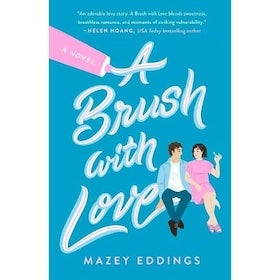Book cover for A Bush With Love by Mazey Eddings. The title text is being squeezed out of a tube of toothpaste, with a heterosexual couple sitting on the end of the E of Love. The woman is holding a toothbrush.