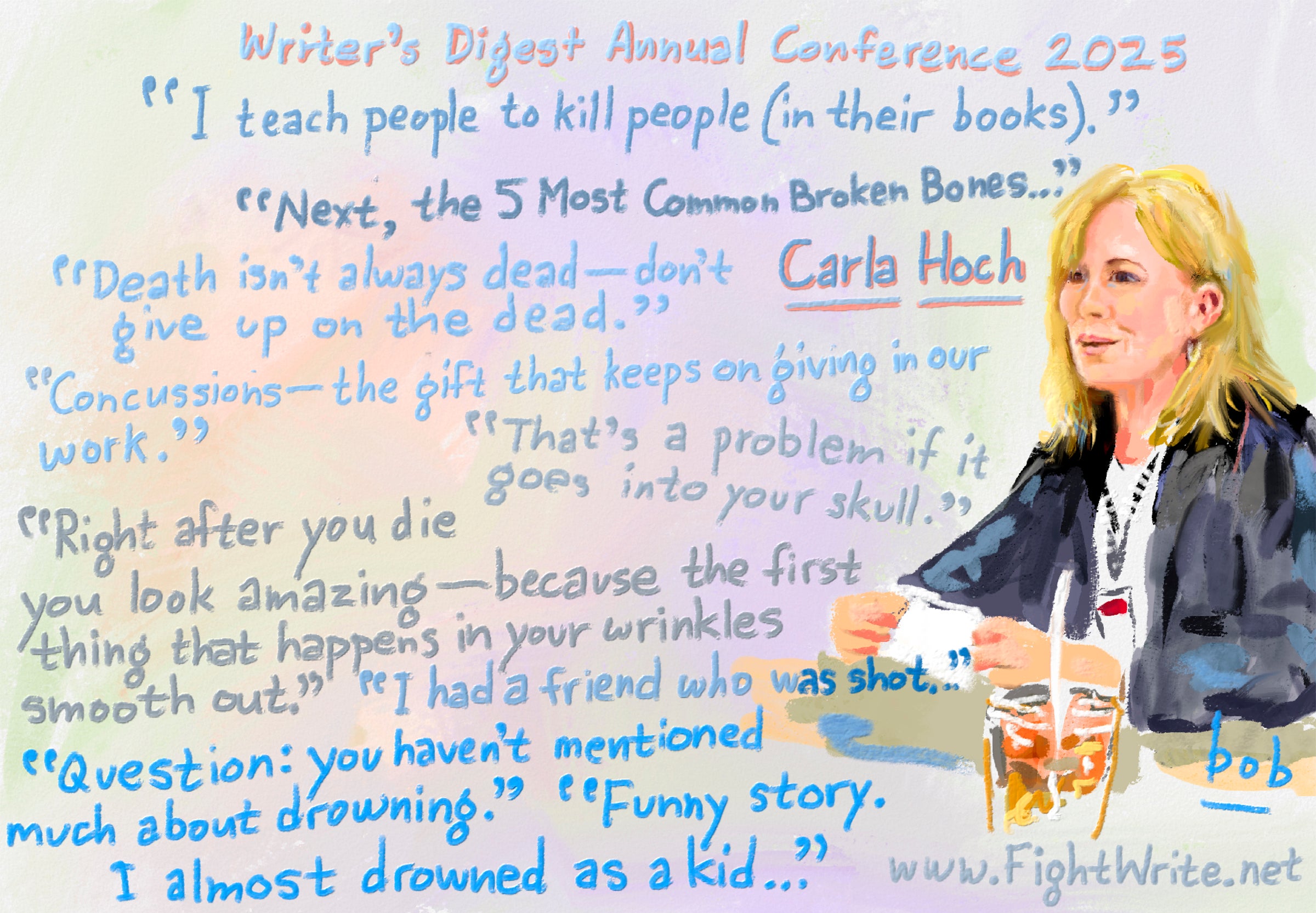 Bob Eckstein's drawing of Fight Write author Carla Hoch at #WDC25