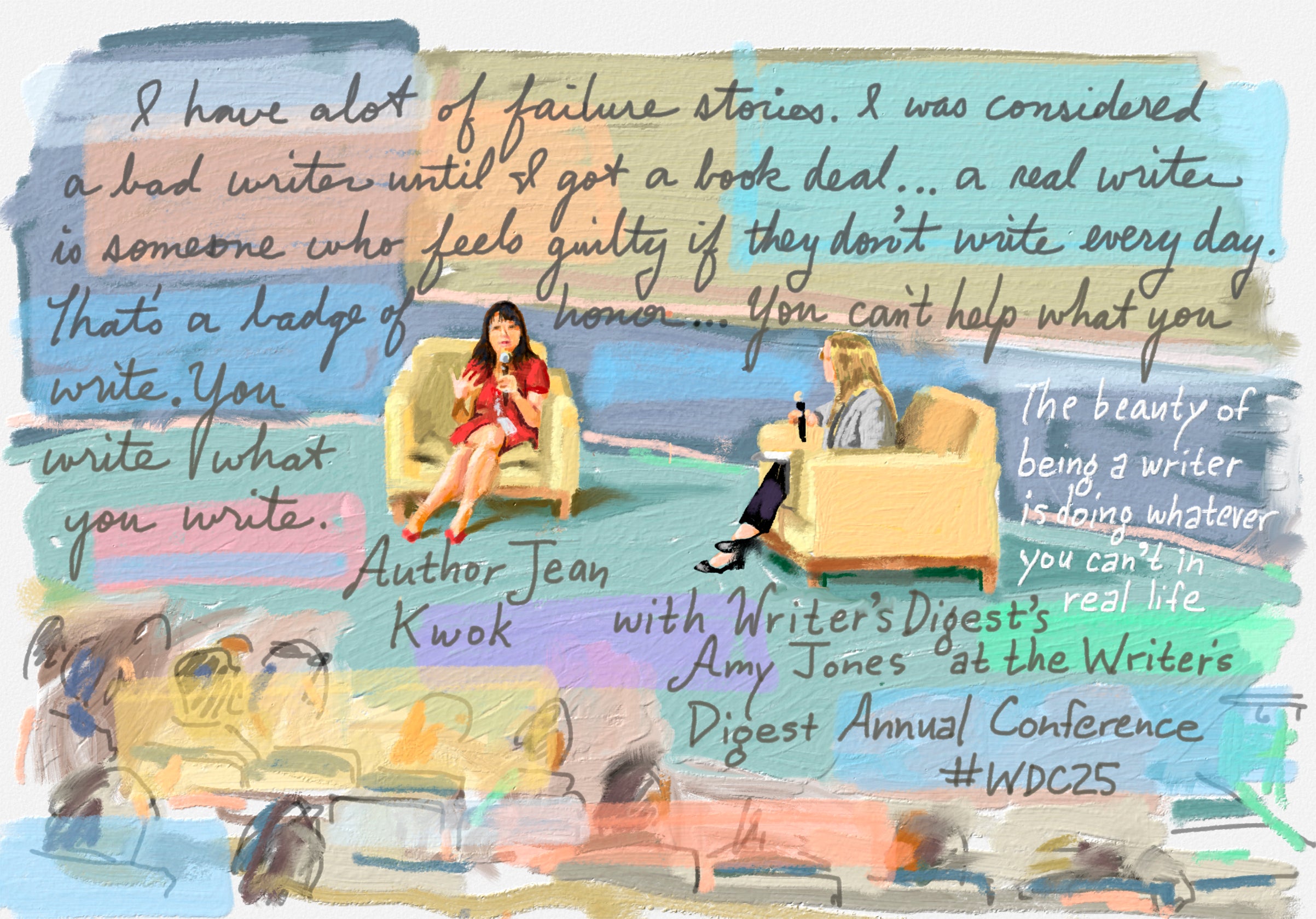 Bob Eckstein's drawing of keynote speaker Jean Kwok with WD editor-in-chief, Amy Jones at #WDC25