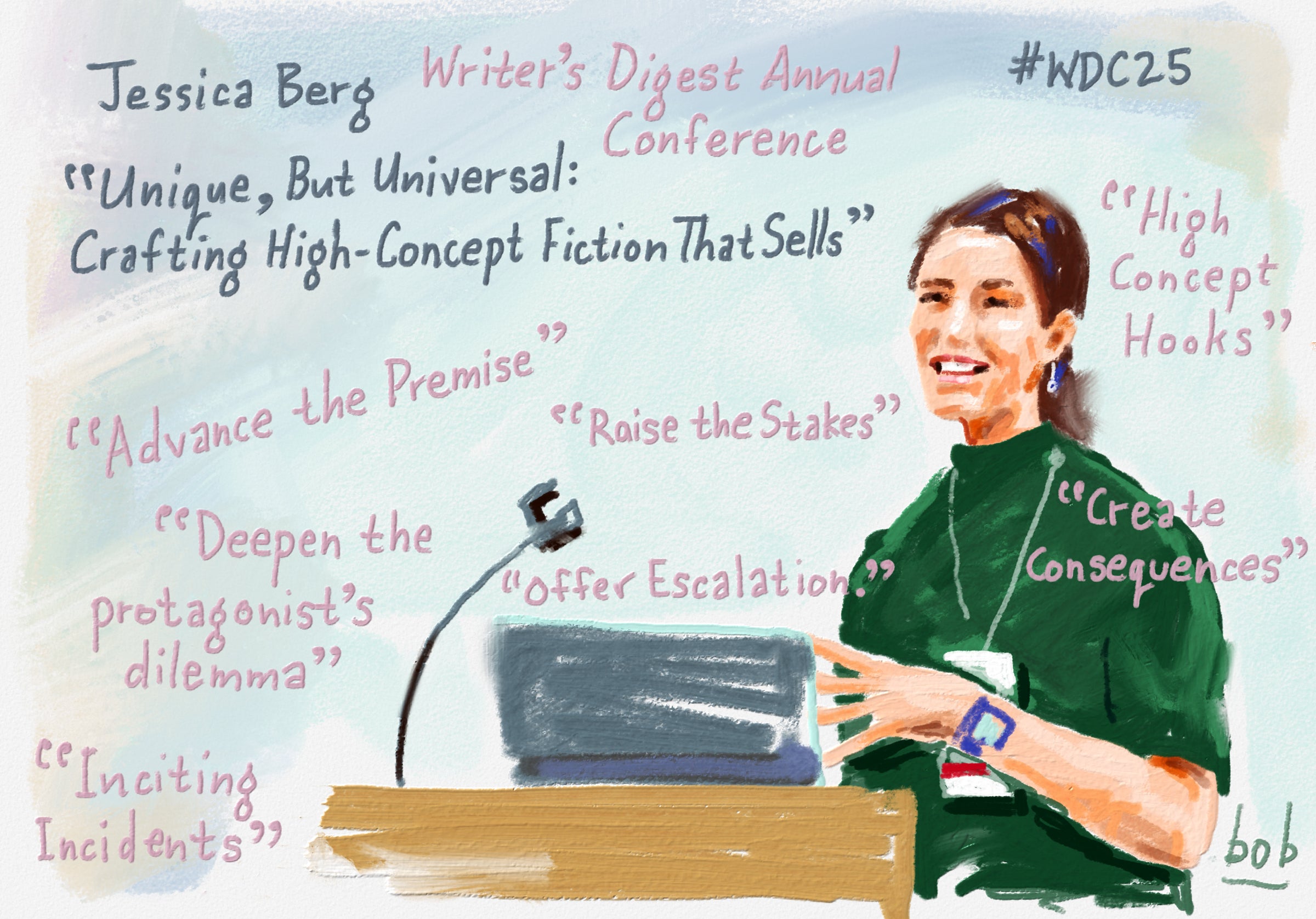 Bob Eckstein's drawing of literary agent Jessica Berg during her pre-conference workshop about writing high-concept fiction at #WDC25