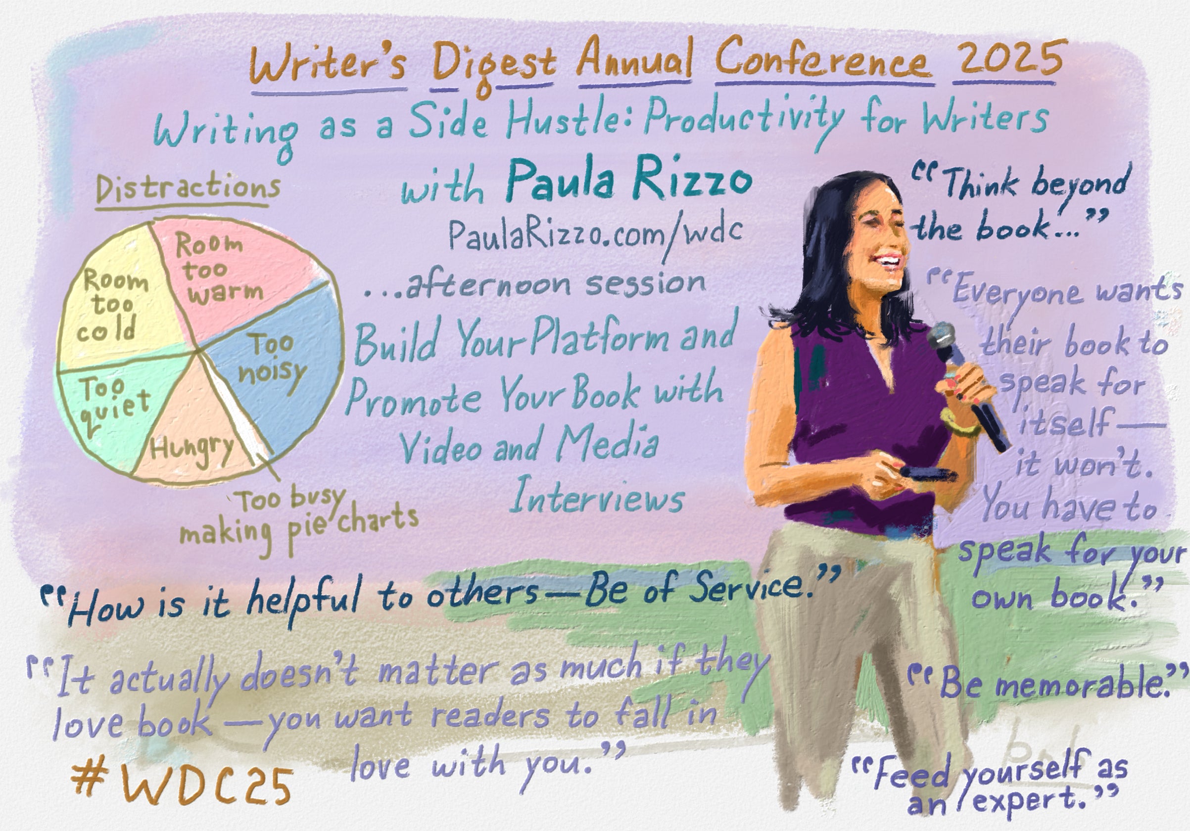 Bob Eckstein's drawing of media coach for authors Paula Rizzo at #WDC25