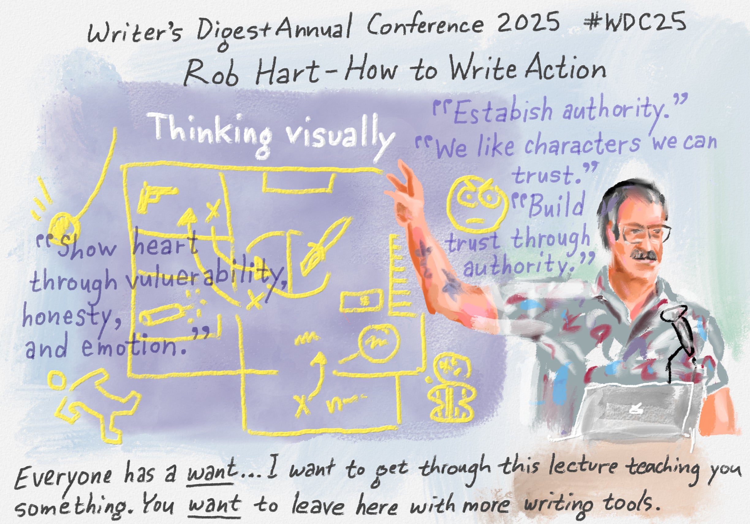 Bob Eckstein's drawing of novelist Rob Hart at #WDC25