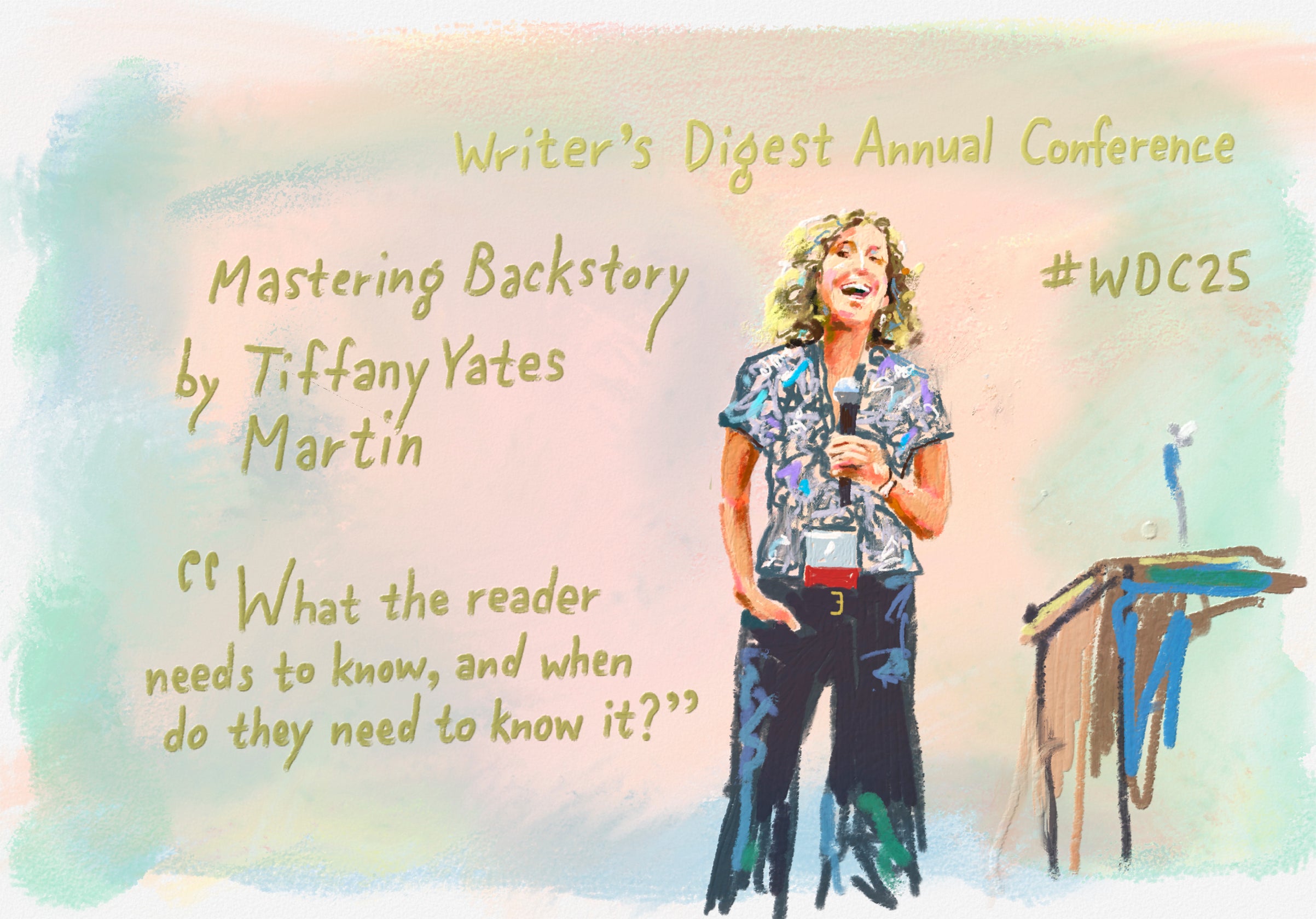 Bob Eckstein's drawing of Tiffany Yates Martin during her pre-conference workshop about Mastering Backstory at #WDC25