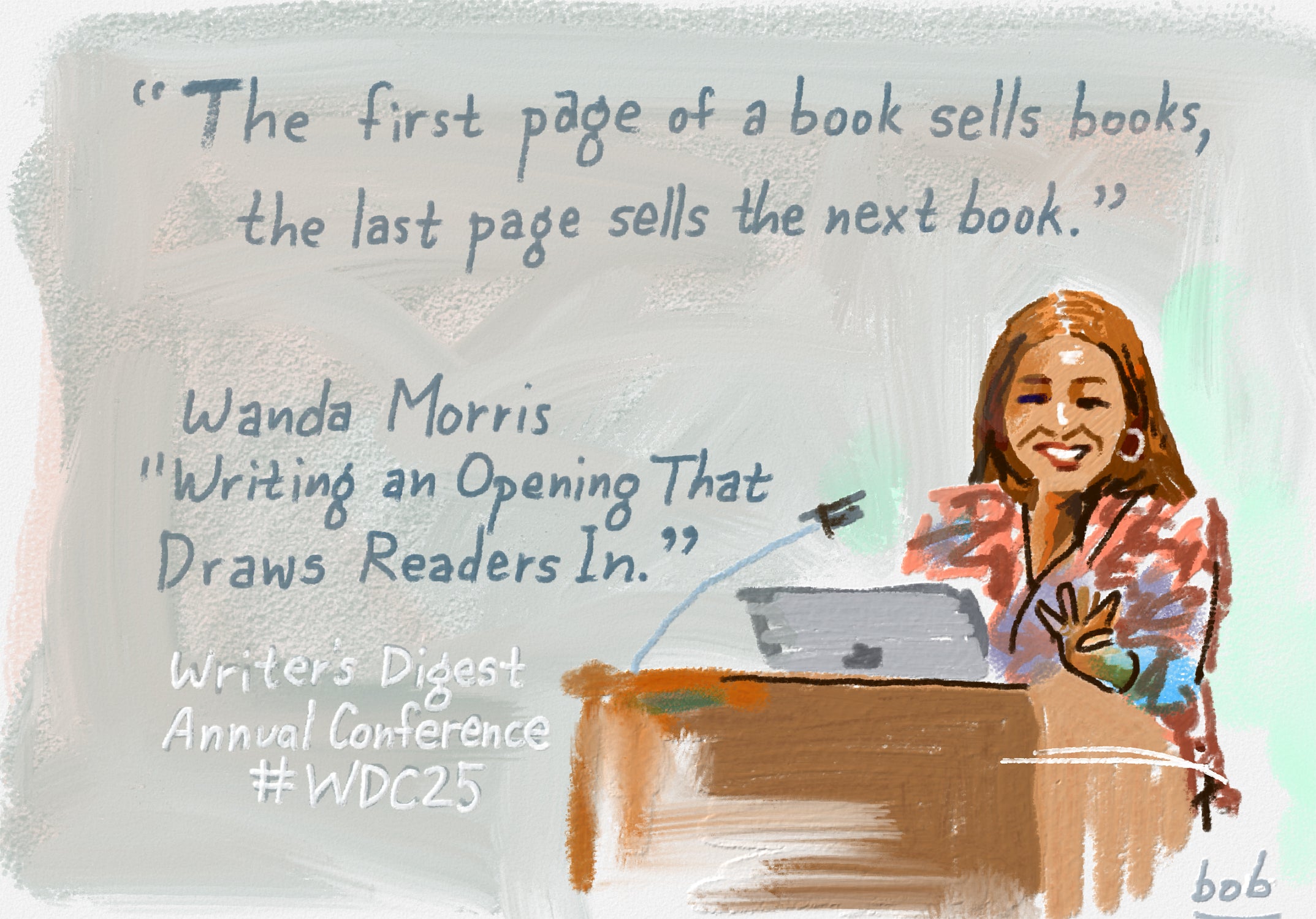 Bob Eckstein's drawing of Wanda Morris during her #WDC25 session about writing openings.