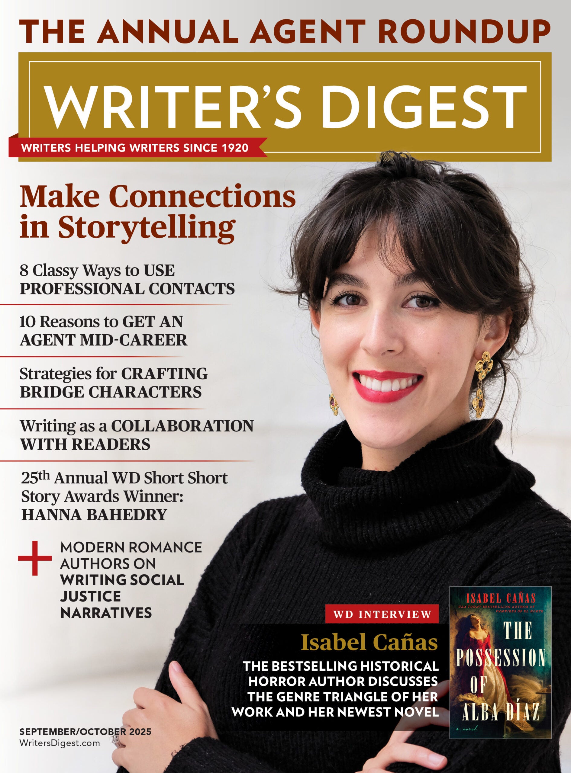 Cover of the Sept/Oct 2025 issue of Writer's Digest with a photo of author Isabel Cañas and her book The Possession of Alba Díaz