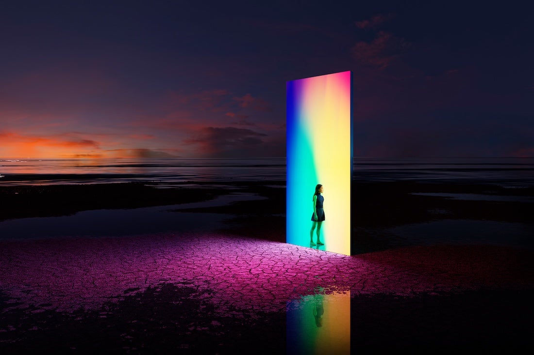 Digital generated image of young woman standing on entrance of  multicoloured portal door. Metaverse concept.