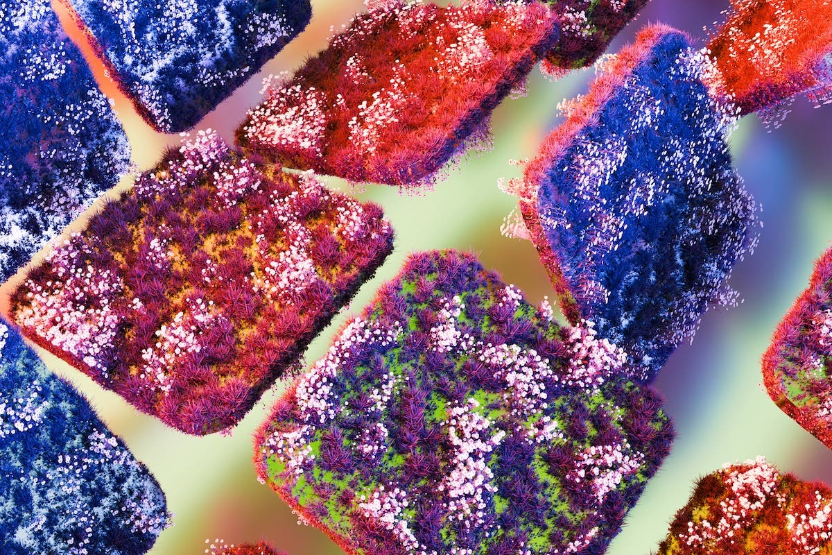 Colorful 3D abstract blocks covered in vibrant grass and flowers floating in space. Futuristic background, surreal nature design. Perfect for fantasy, innovation, or eco-technology themes.